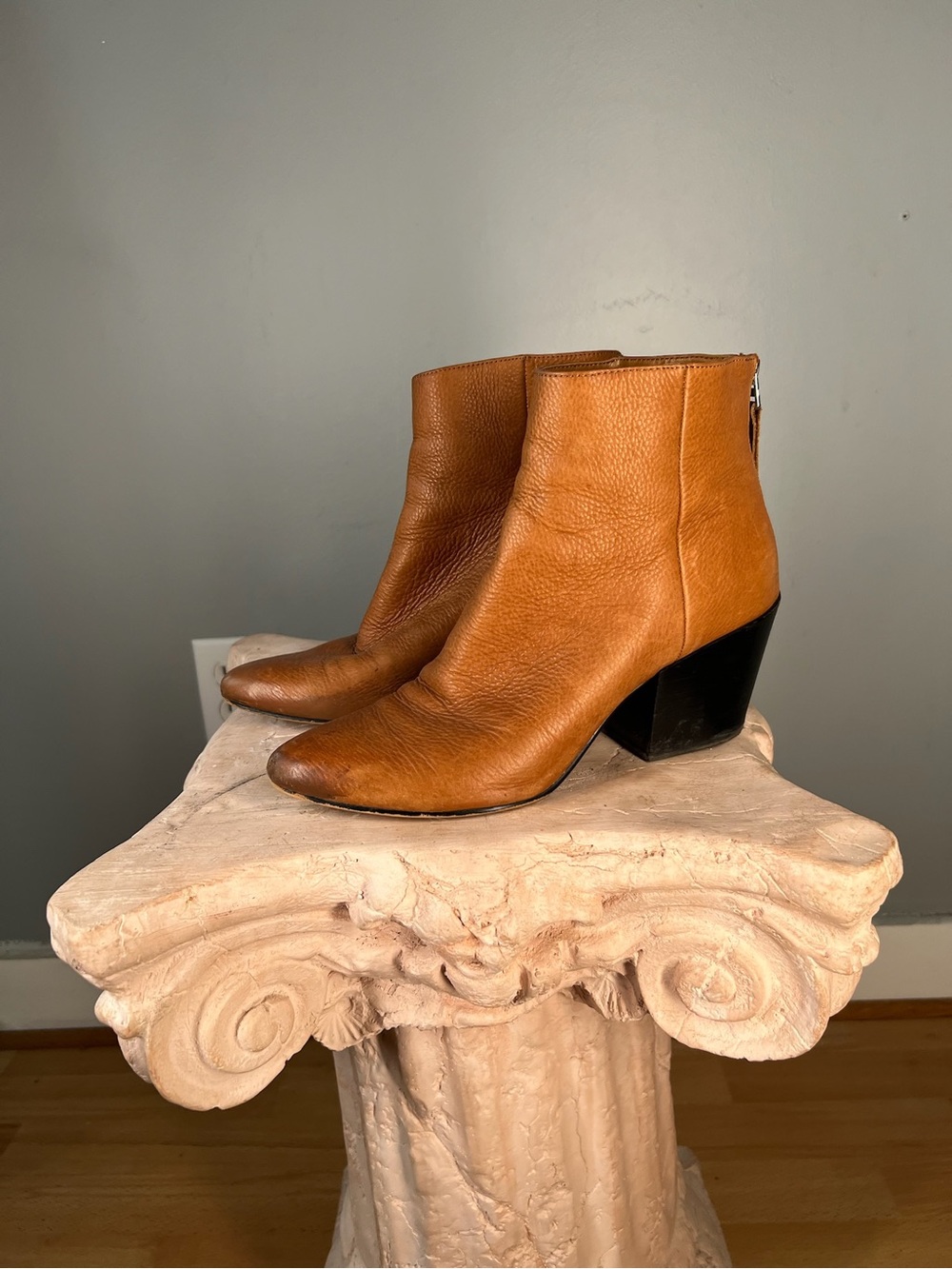 Dolce Vita Cognac Leather Ankle Boots with Almond Toe and Block Heel